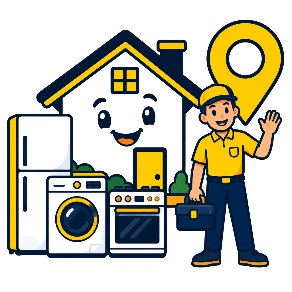 Cartoon home with a refrigerator, washer and oven beside a technician and a yellow location pin
