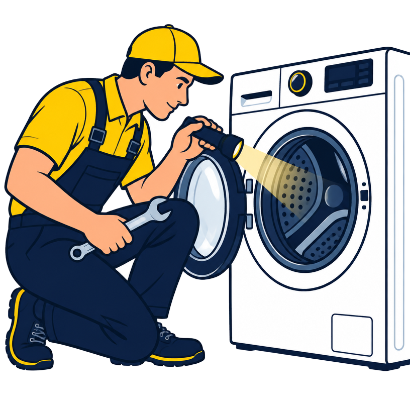 Cartoon technician inspecting a washing machine