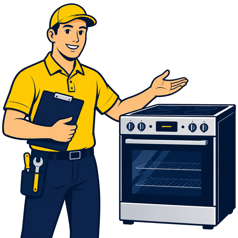 Cartoon technician explaining appliance service beside an oven
