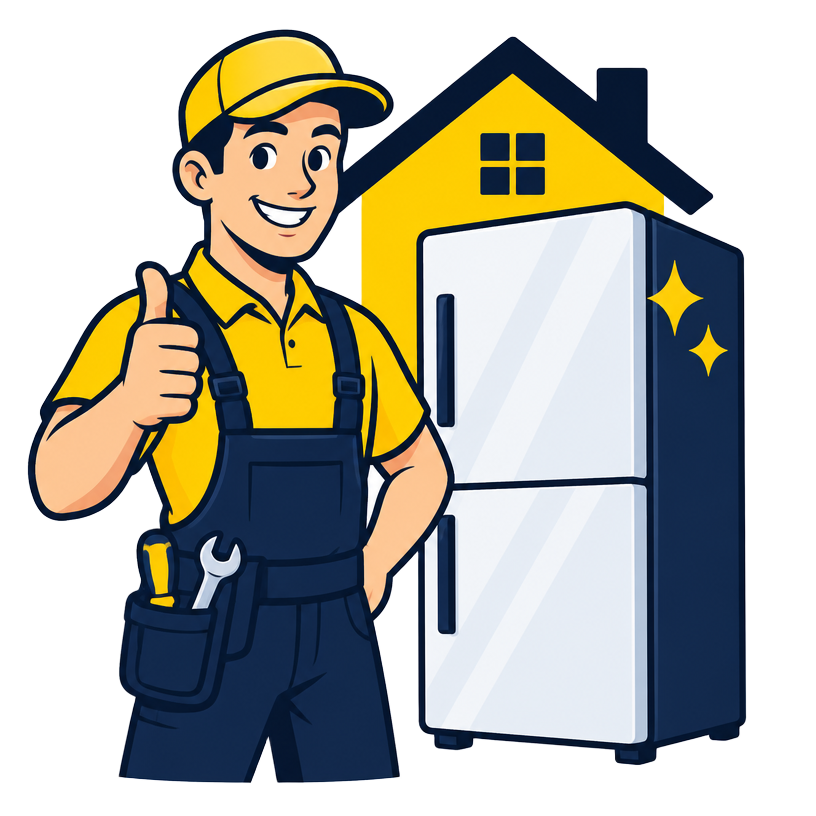 Cartoon technician giving a thumbs up beside a repaired refrigerator