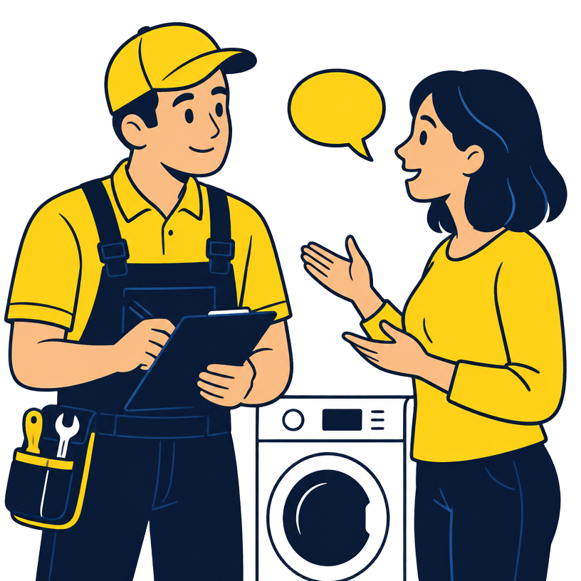 Cartoon technician listening to a homeowner describe an appliance problem
