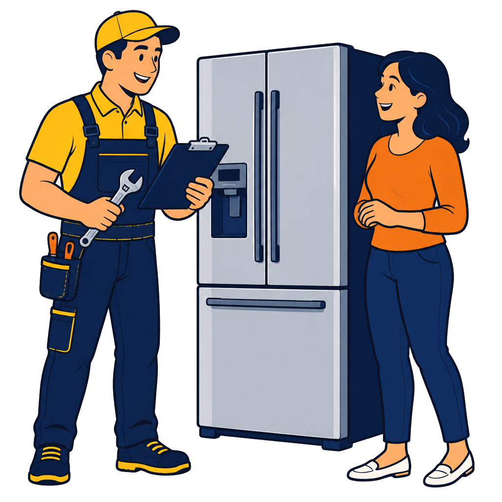 Cartoon appliance repair technician talking with a homeowner beside a refrigerator