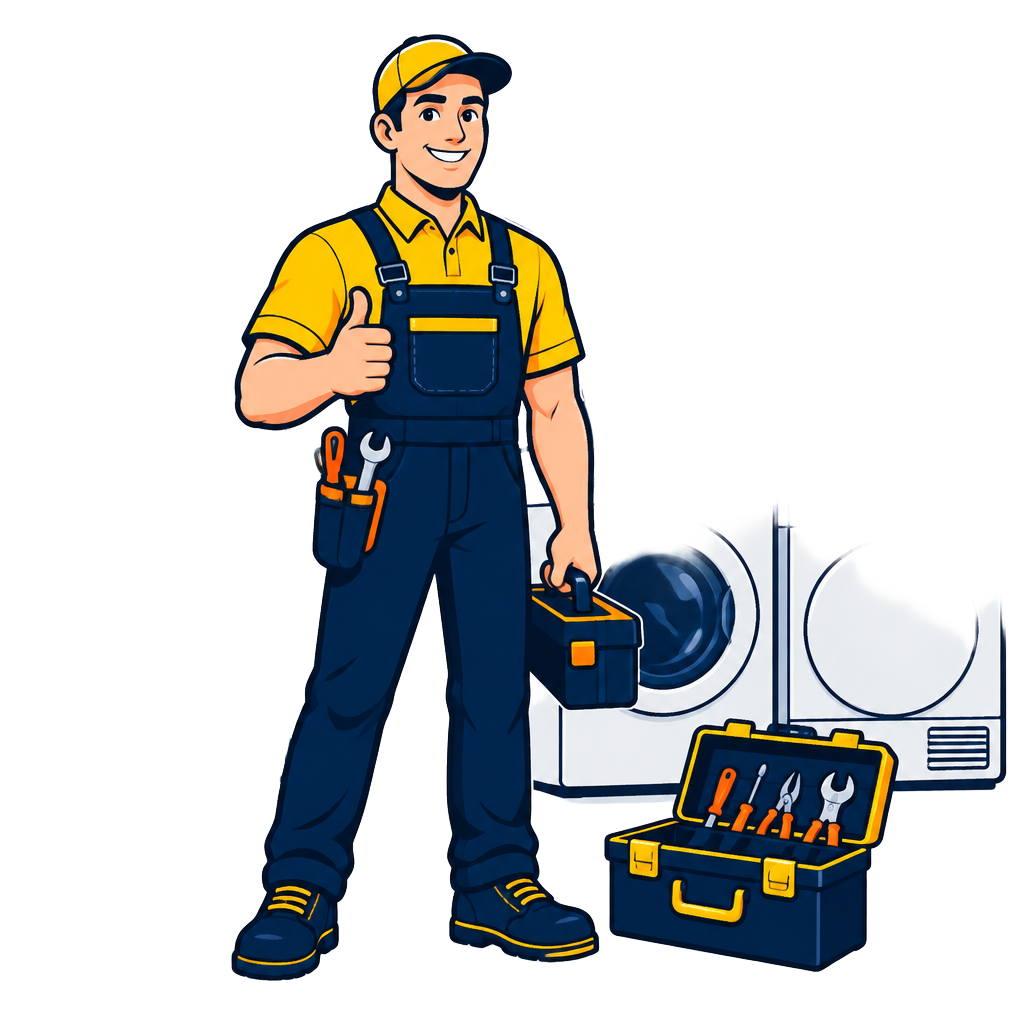 Cartoon appliance repair technician with a home, refrigerator, washer, dryer and toolbox