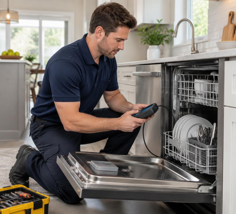 Professional technician inspecting a residential dishwasher