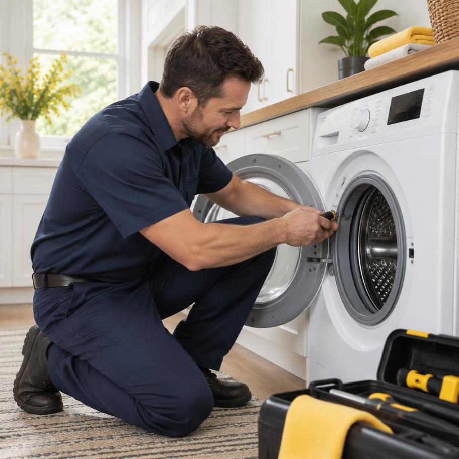 Appliance repair technician servicing a washing machine in Abilene, TX