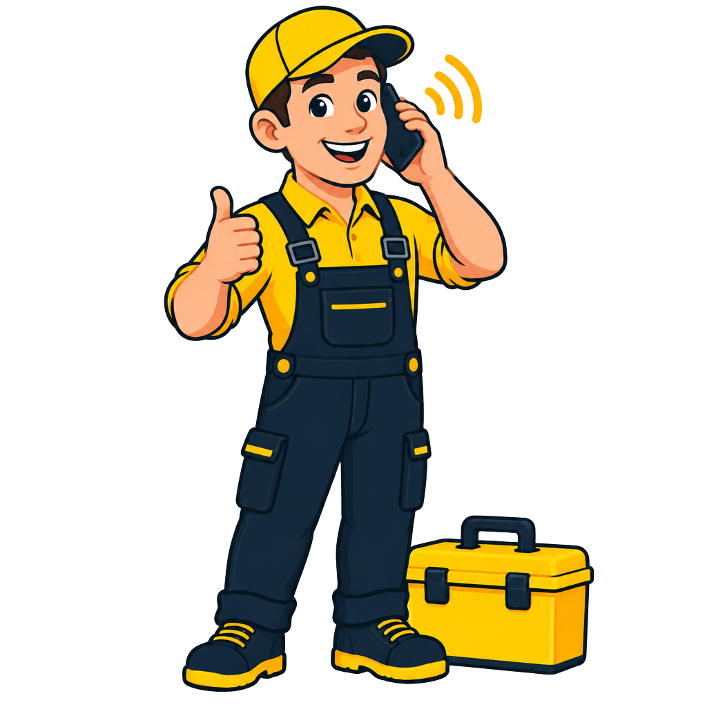 Cartoon appliance repair technician answering a phone call