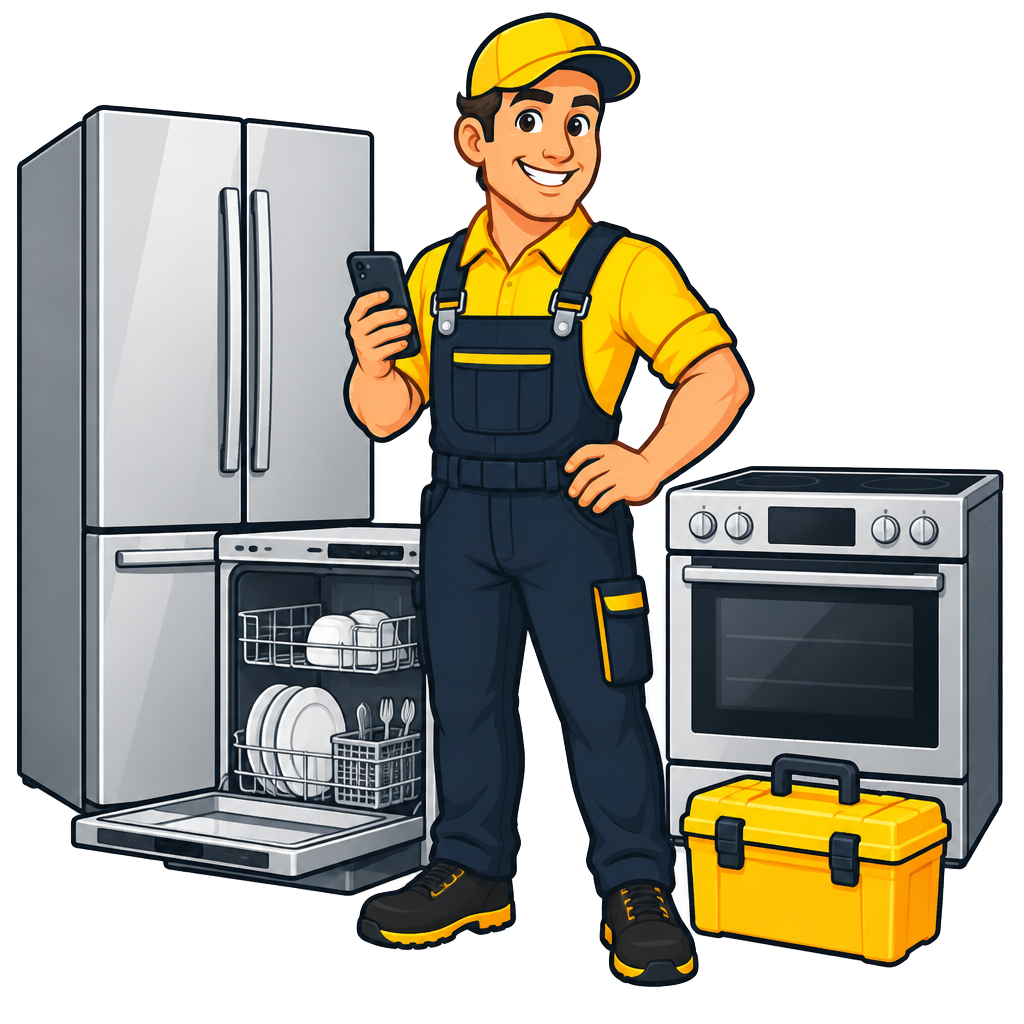 Cartoon appliance repair technician with a phone, toolbox and household appliances