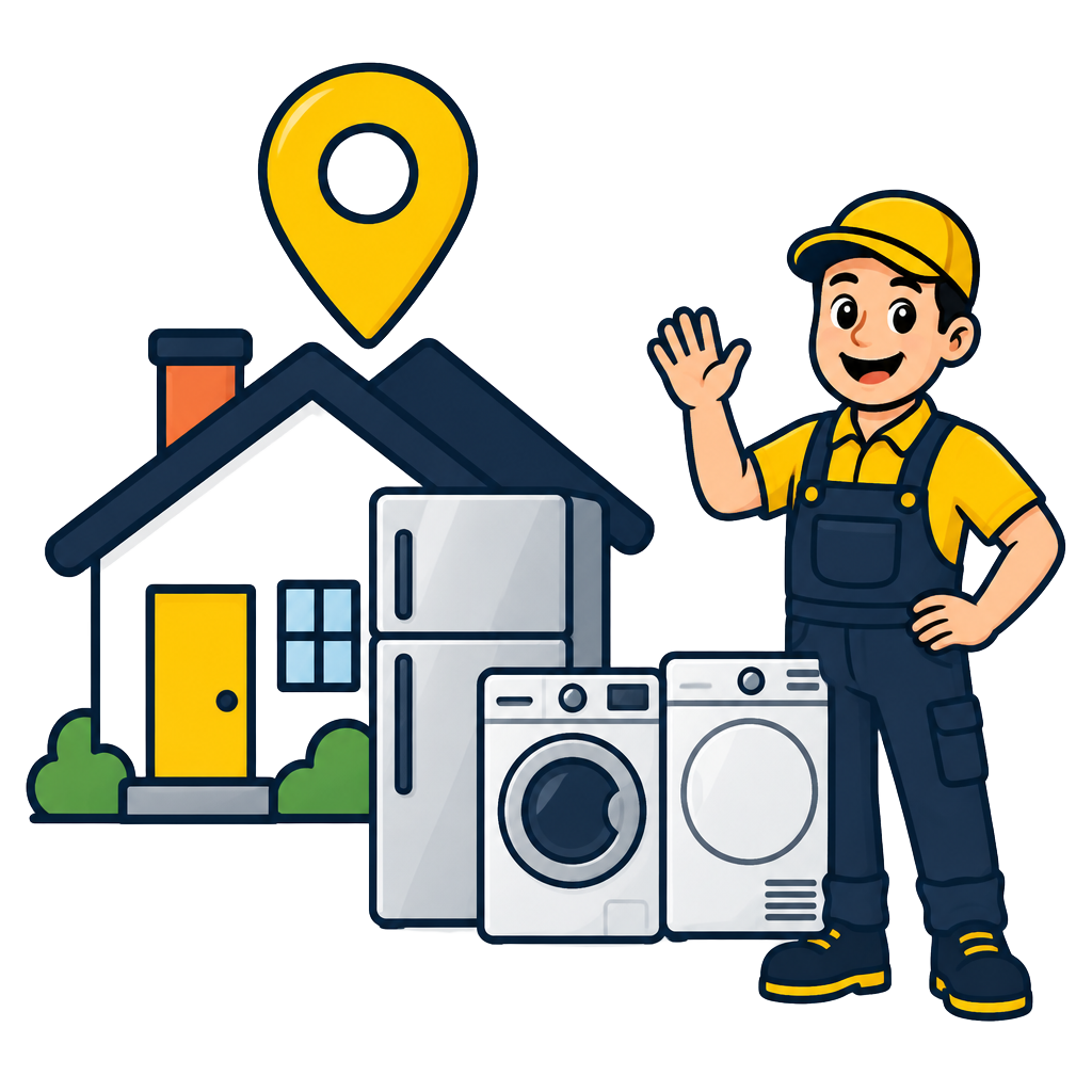 Cartoon home with a Texas location pin, refrigerator, washer, dryer and a friendly technician