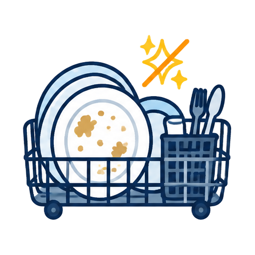 Cartoon dishwasher rack holding spotted dishes