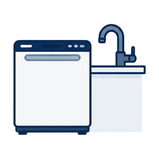 Cartoon dishwasher beside a faucet with no water flow