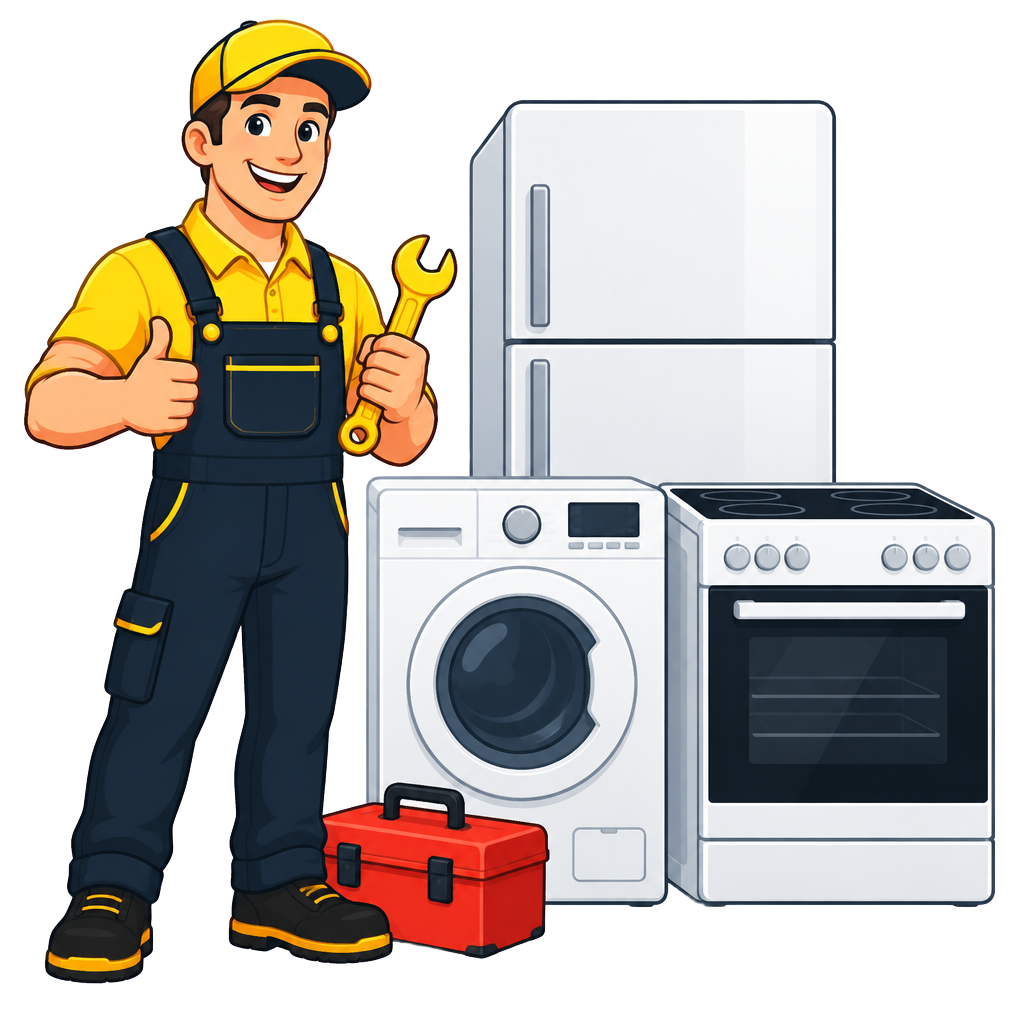 Cartoon appliance repair technician with a wrench beside a refrigerator, washing machine and oven