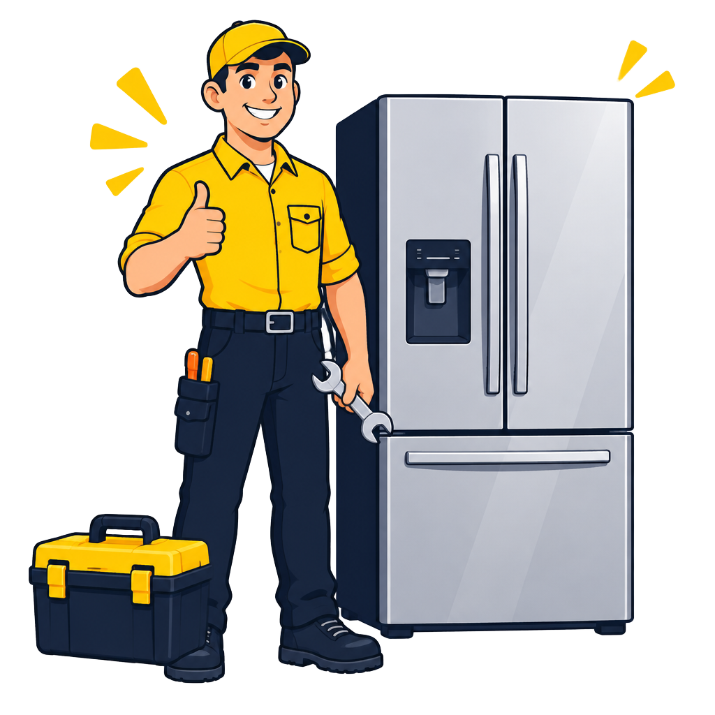 Cartoon technician with a toolbox standing beside a refrigerator