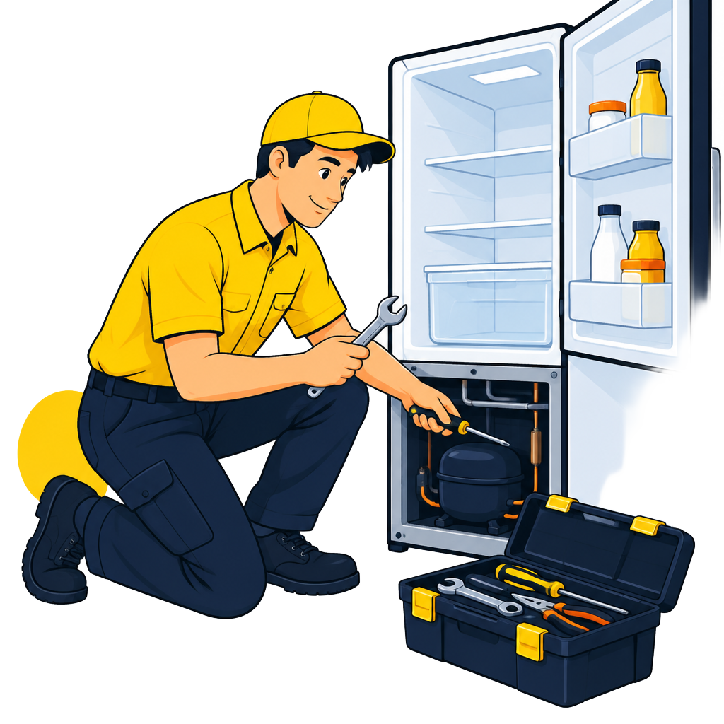 Cartoon technician inspecting a refrigerator with a wrench and open toolbox