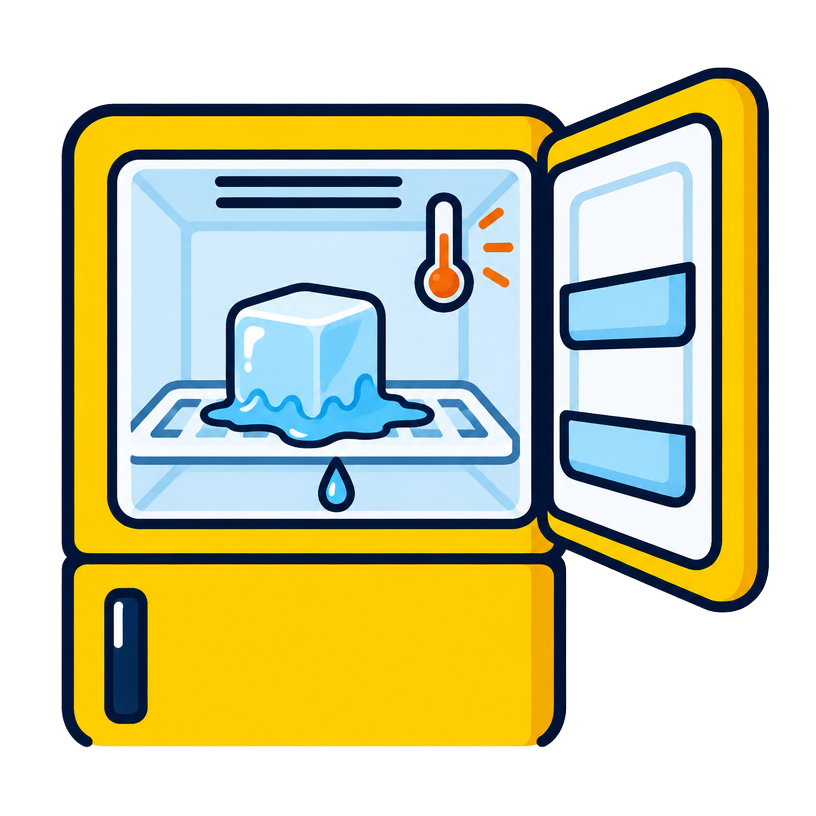 Cartoon freezer with a melting ice cube