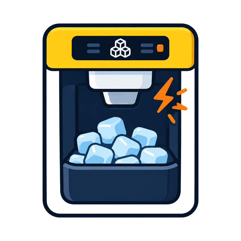 Cartoon ice maker with ice cubes and a warning spark