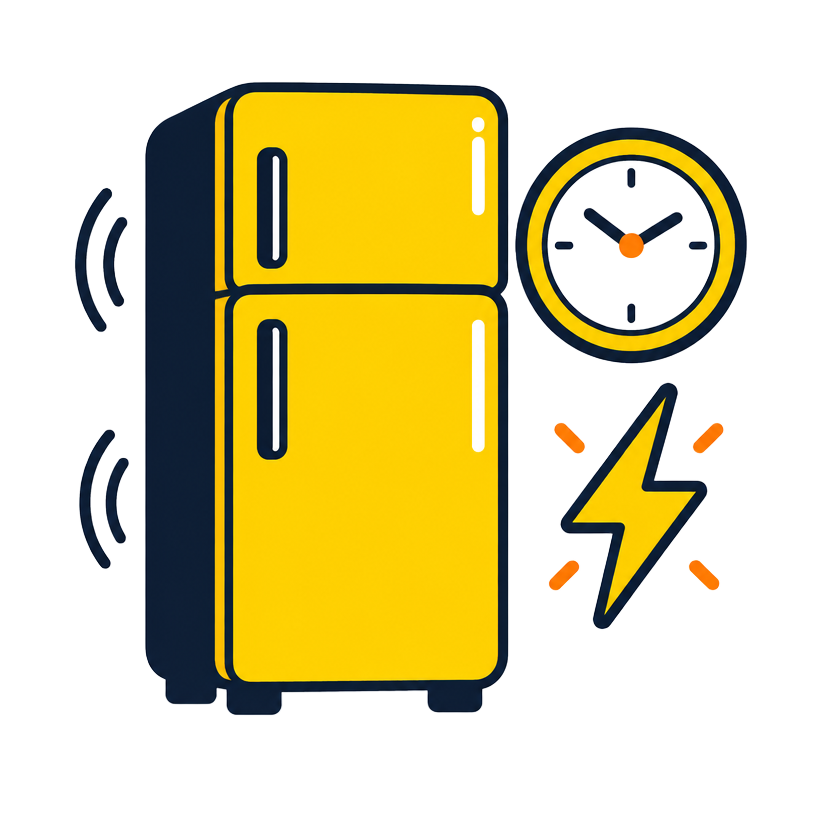 Cartoon refrigerator running beside a clock and lightning bolt