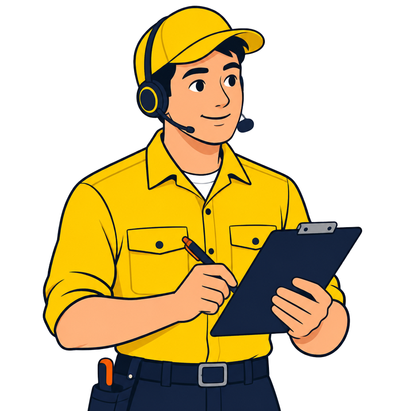 Cartoon technician listening closely to an appliance