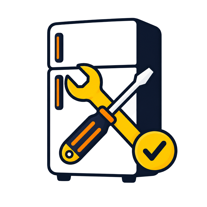 Cartoon refrigerator with a wrench, screwdriver and checkmark