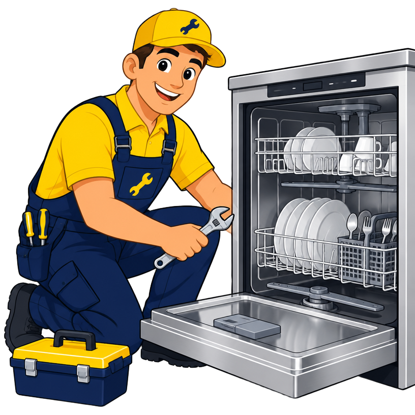 Cartoon illustration of a technician repairing a dishwasher
