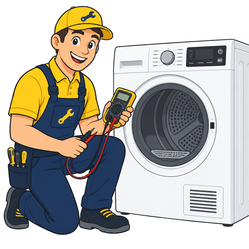 Cartoon illustration of a technician repairing a dryer