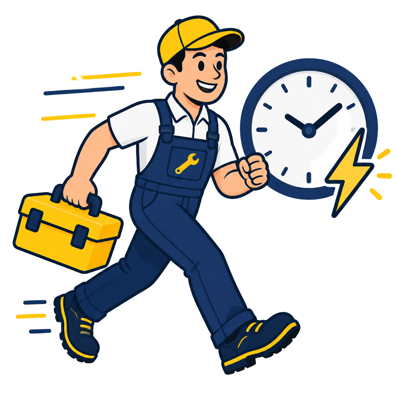 Cartoon technician with a toolbox hurrying past a clock