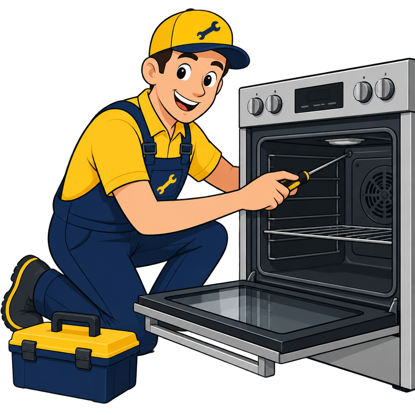 Cartoon illustration of a technician repairing a oven