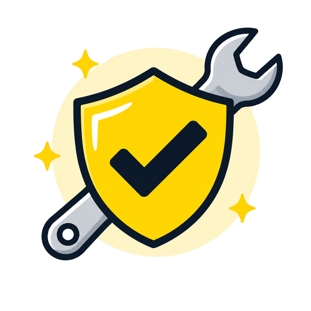 Cartoon yellow shield with a checkmark and wrench