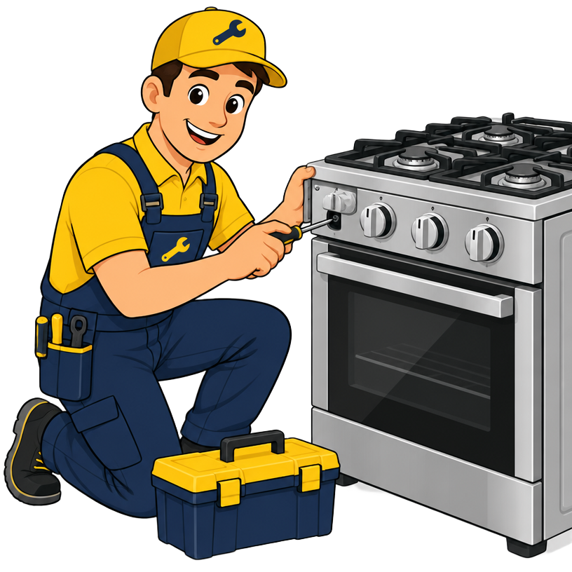 Cartoon illustration of a technician repairing a stove