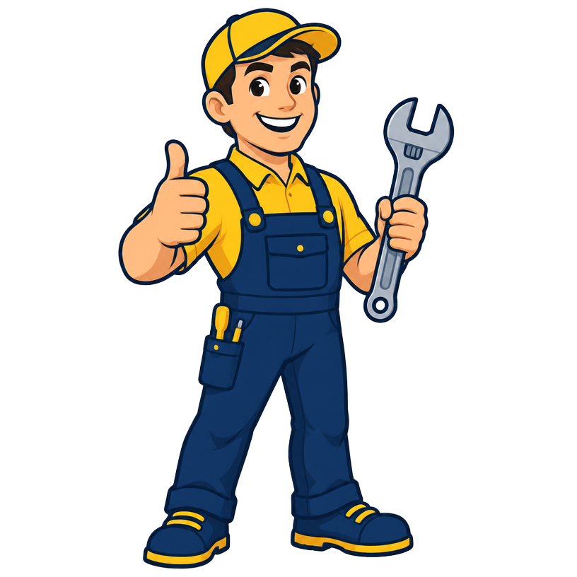 Cartoon appliance repair technician giving a thumbs up and holding a wrench