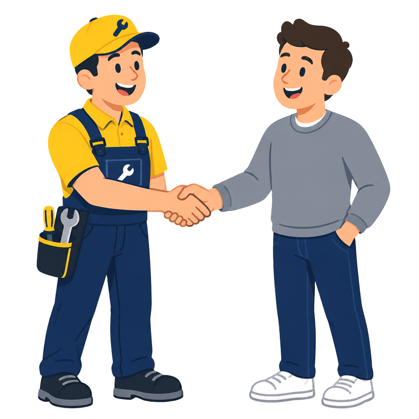 Cartoon technician helping a happy homeowner