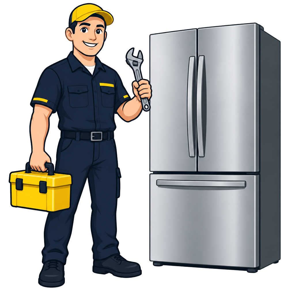 Cartoon illustration of an appliance repair technician with a toolbox beside a refrigerator