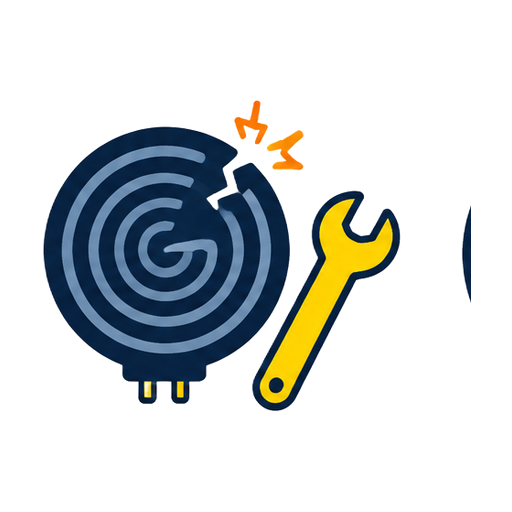Cartoon damaged burner coil beside a wrench