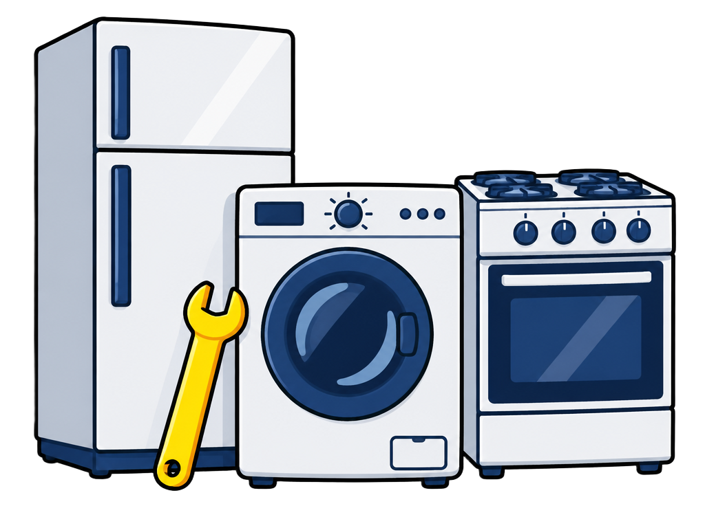 Cartoon refrigerator, washing machine and oven with a yellow wrench