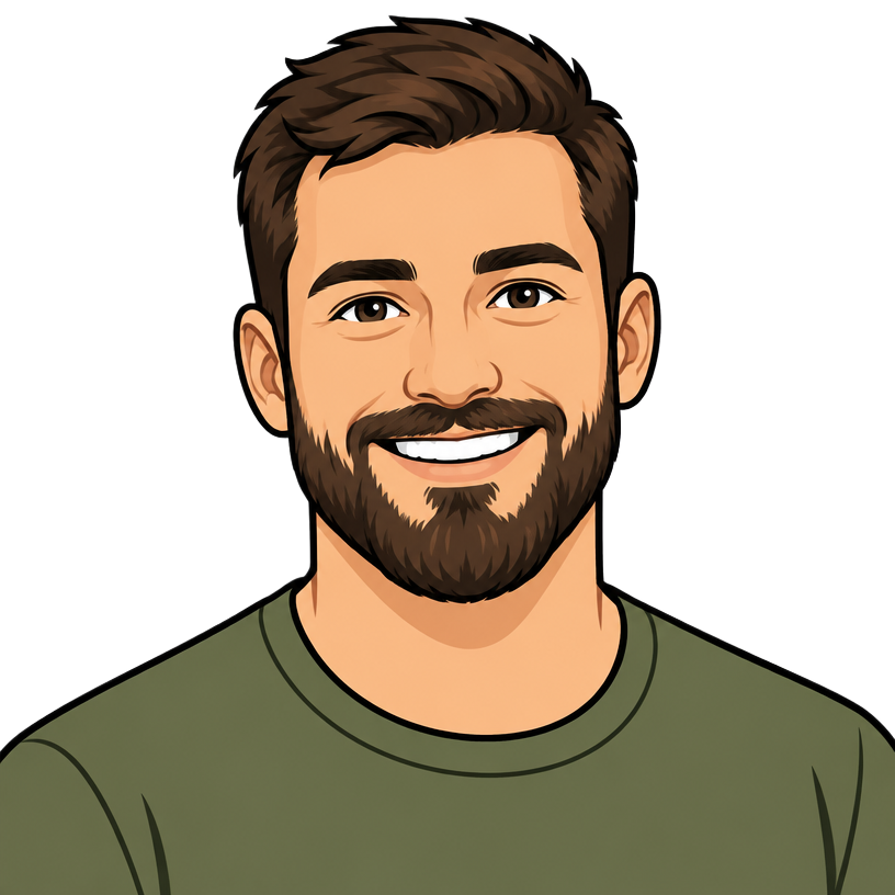 Cartoon illustration of a smiling bearded male customer