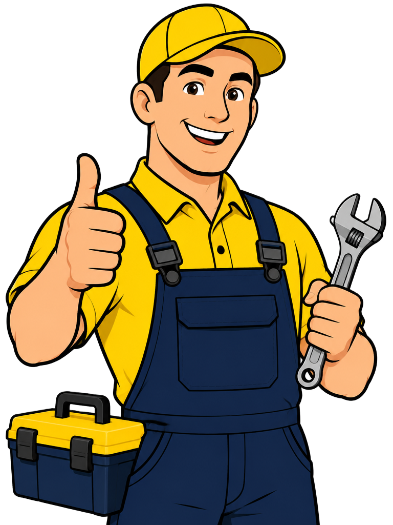 Cartoon appliance repair technician in a yellow cap giving a thumbs up