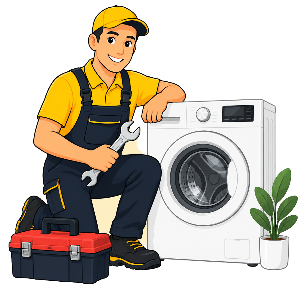 Cartoon appliance repair technician surrounded by household appliances